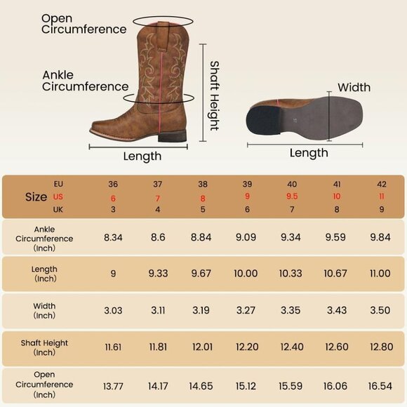 SheSole Women's Western Cowboy Boots Square Toe Mid Calf Cowgirl Boots Brown - Picture 5 of 9